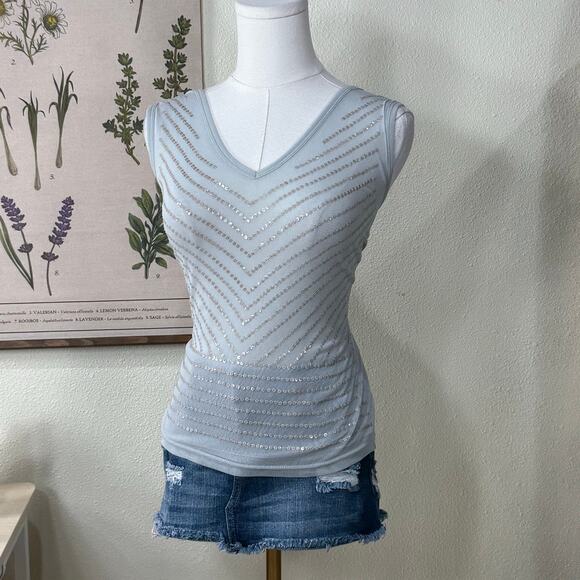 Y2k Gray Silver Sequin Semi Sheer Mesh V Back Neck Top Trashy Party Bimbo L - Picture 1 of 4
